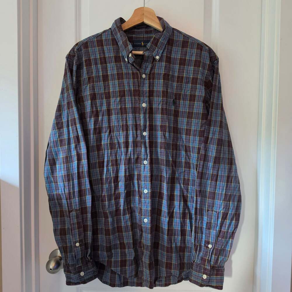 Ralph Lauren Mens L Tartan Plaid Shirt Blue Burgundy 100% Cotton Green Pony